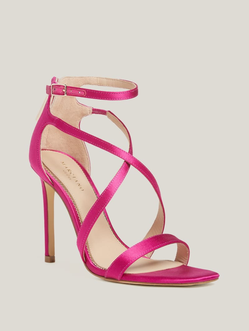 Fuchsia Satin Ruched Ankle Strap Heeled Sandal