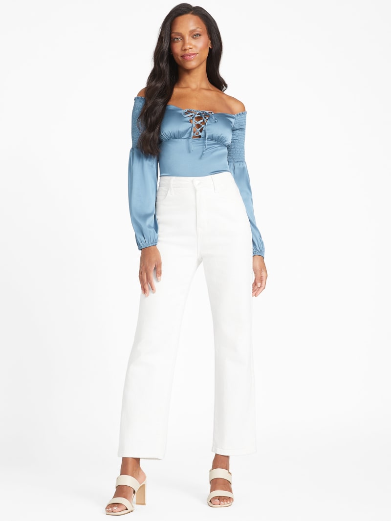 Blue and white 2025 off the shoulder top