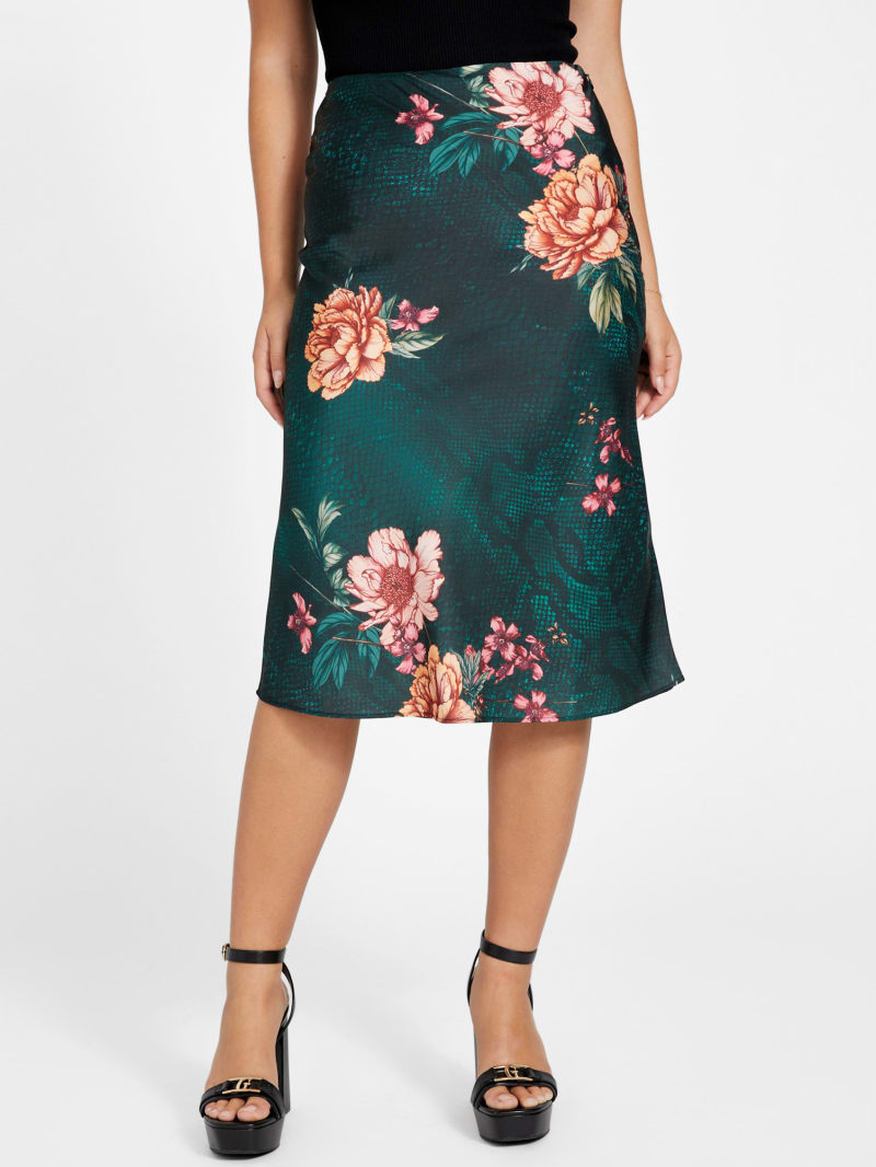 Emerald Green Floral Print Skirt Satin Skirt Maxi Skirt, 56% OFF