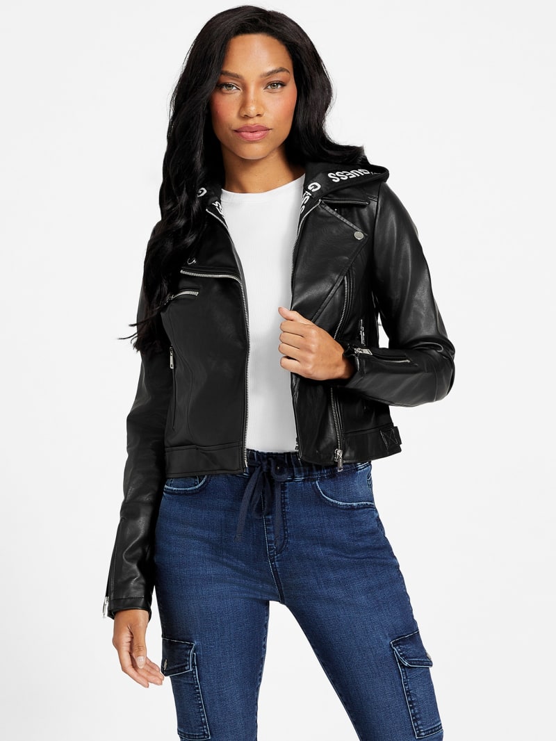 Black guess leather jacket discount