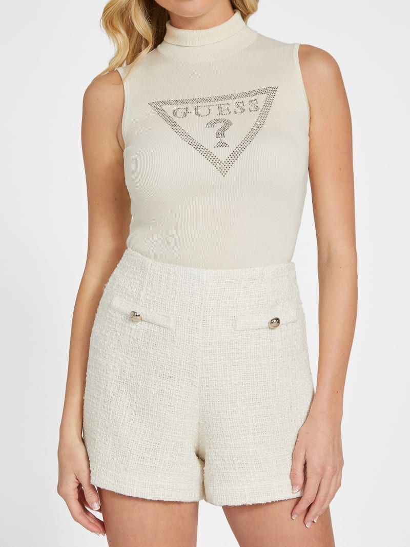 【新品】candy check tweed short pants white White Tweed Shorts - Cute High-Rise Shorts - Patch Pocket Shorts