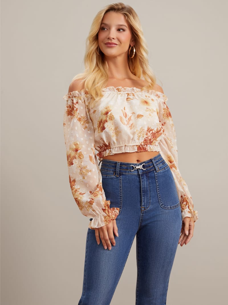 (取寄) エリオット ローレン レディース コットン カシミア - ワッフル ステッチ - Ella Off-the-Shoulder Crop Top | GUESS Factory Ca