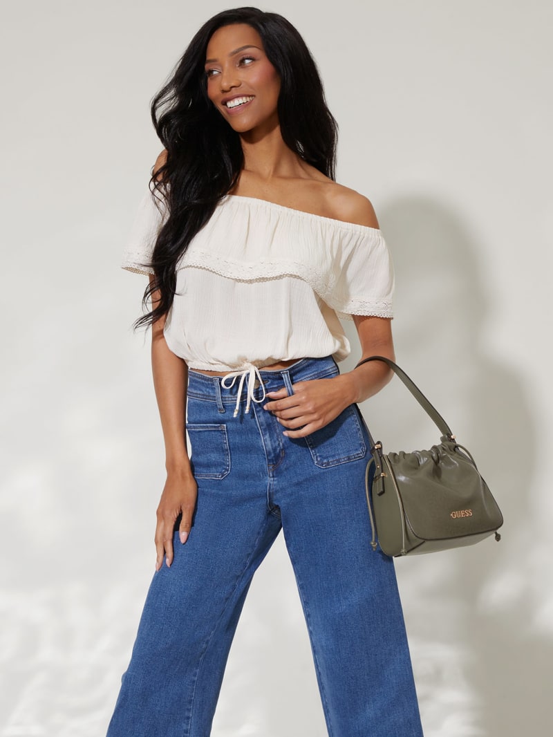 トップス unusually Check Off-shoulder(ivory) Off shoulder asymmetric top with cinch detail in ivory | Topshop