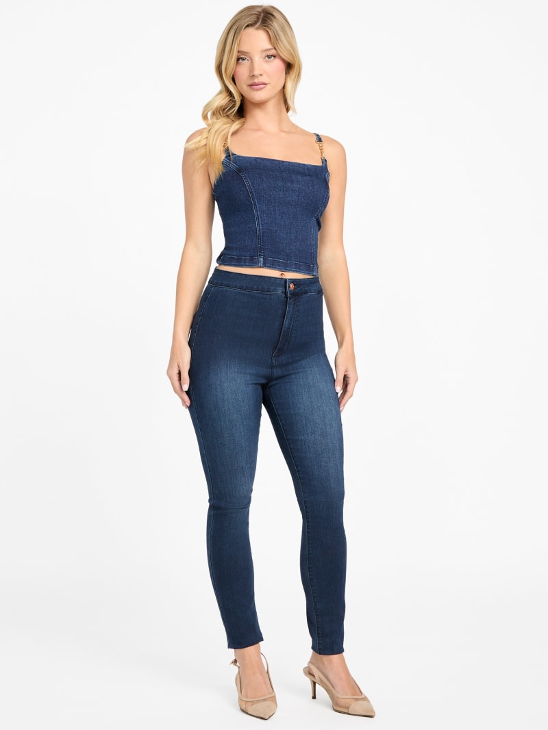 【 JEANS】SLIM BADGE CUTOUT TOP Eco Bailee Chain Denim Top | GUESS Factory