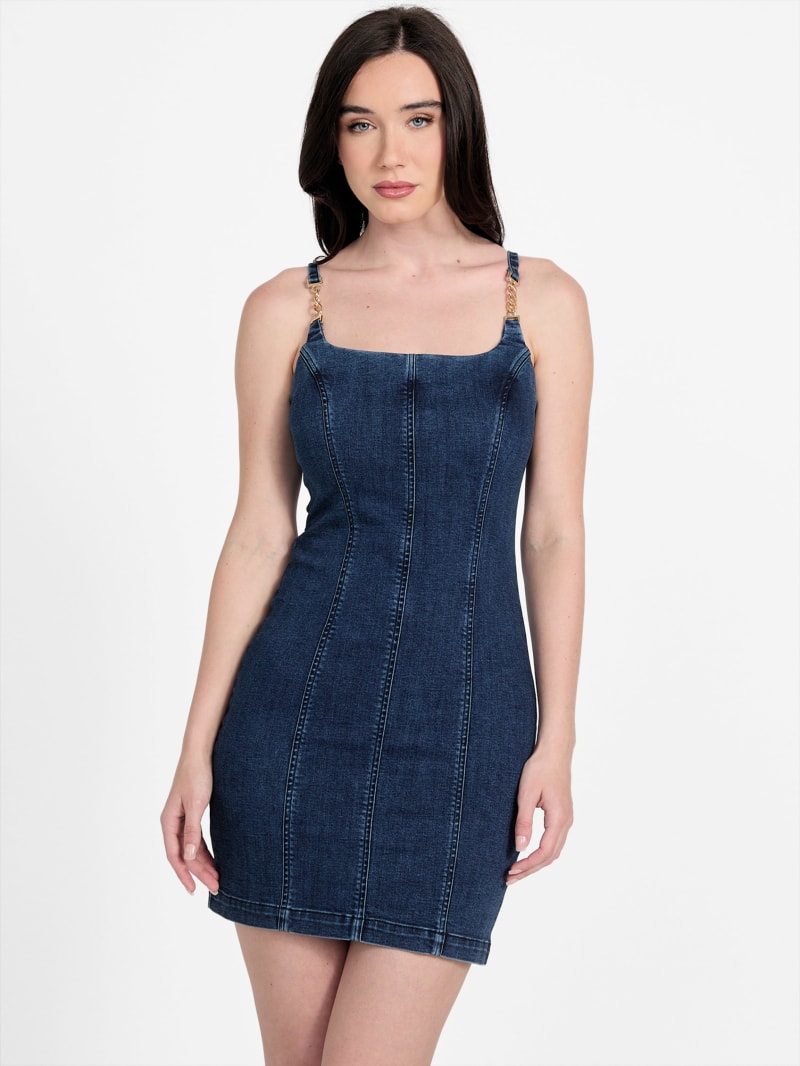 01u10 dress of delta Δ Eco Bailee Chain Denim Dress | GUESS Factory