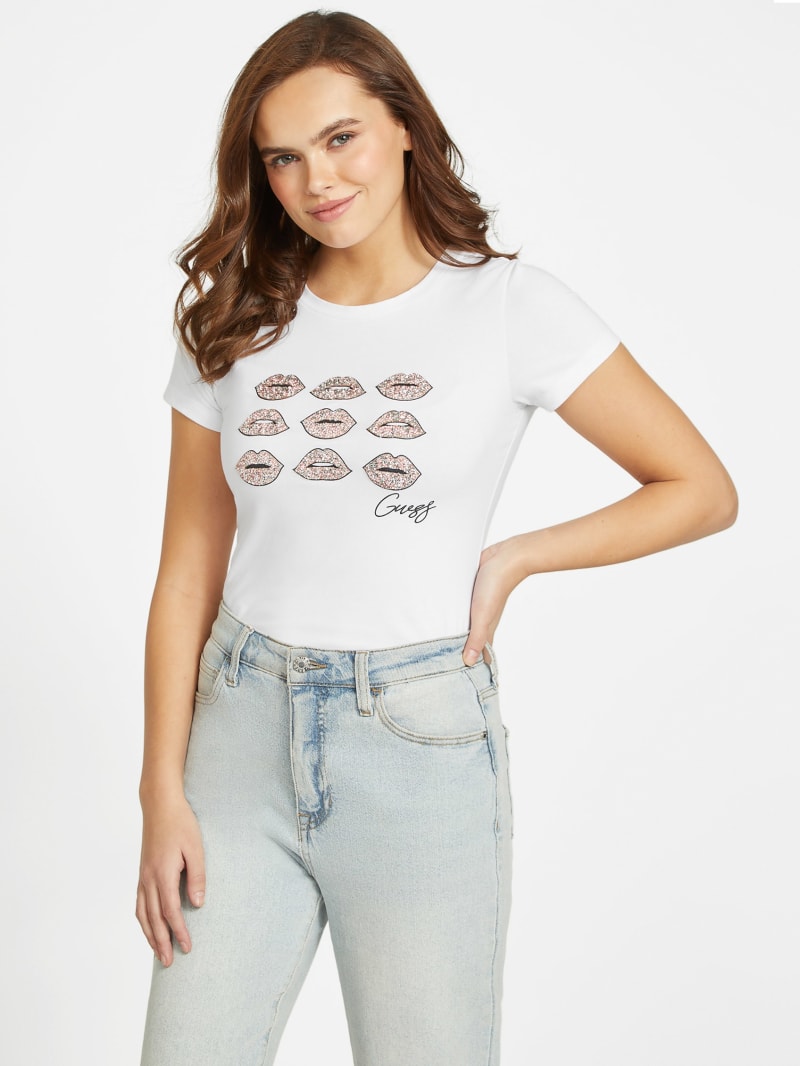Guess graphic tees womens sale