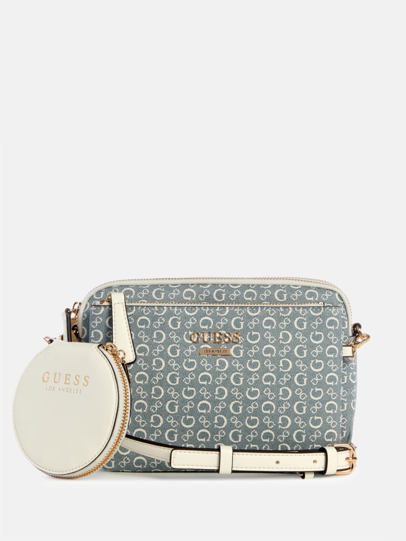 Aengus Denim Logo Dual-Zip Mini Crossbody | GUESS Factory