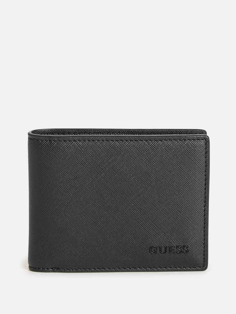 Factory Crosshatched Faux-Leather Bifold Wallet - Black