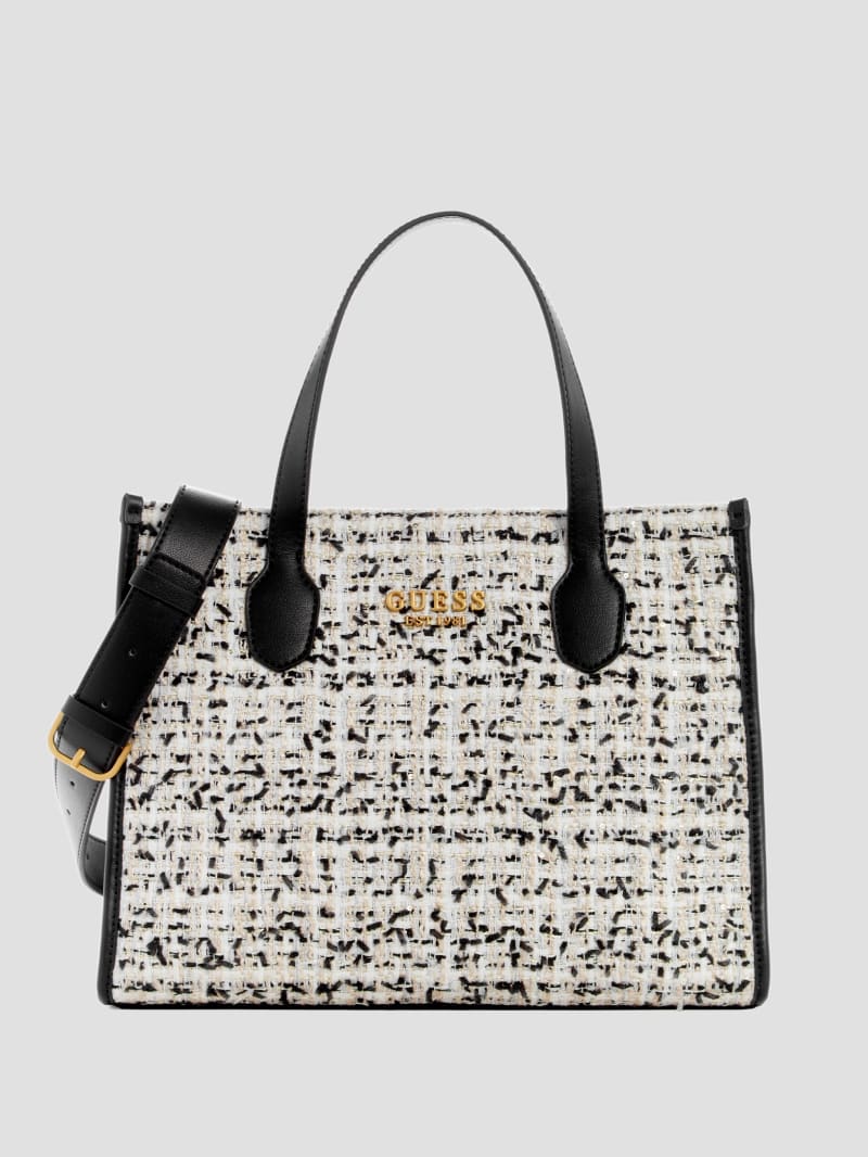 When the dress code calls for chic elegance, the Silvana Tweed Tote  answers. #GUESSHandbags