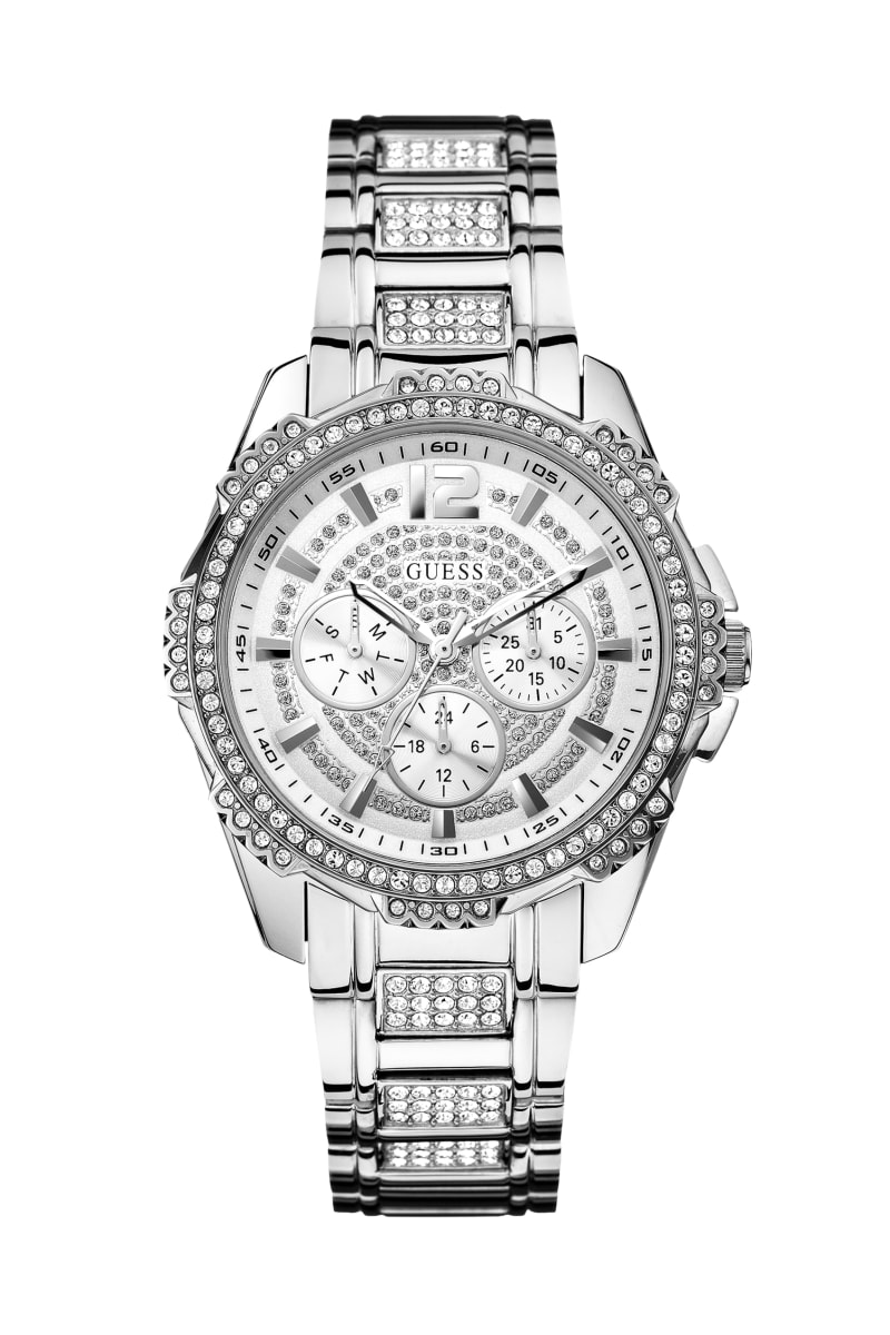Silver-Tone Multifunction Crystal Watch