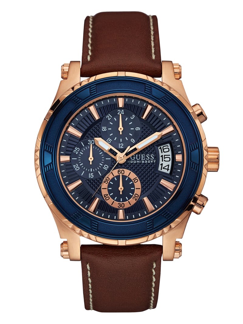 Brown and Rose Gold Tone Leather Sport Watch GUESS