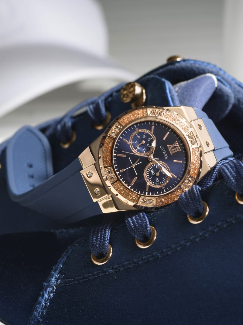 Guess Gold-Tone and Blue Multifunction Watch. 2