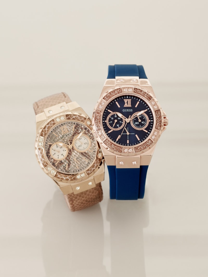 Guess Gold-Tone and Blue Multifunction Watch. 5