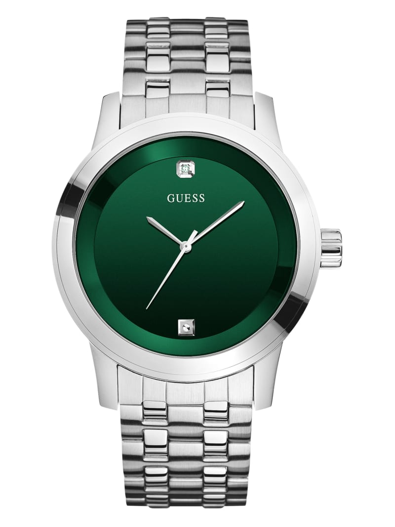 Silver-Tone and Green Analog Watch