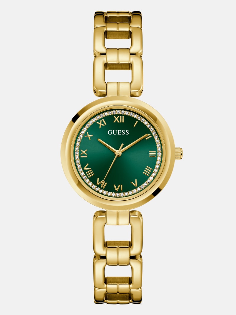 Gold-Tone and Green Crystal Analog Watch | GUESS Factory