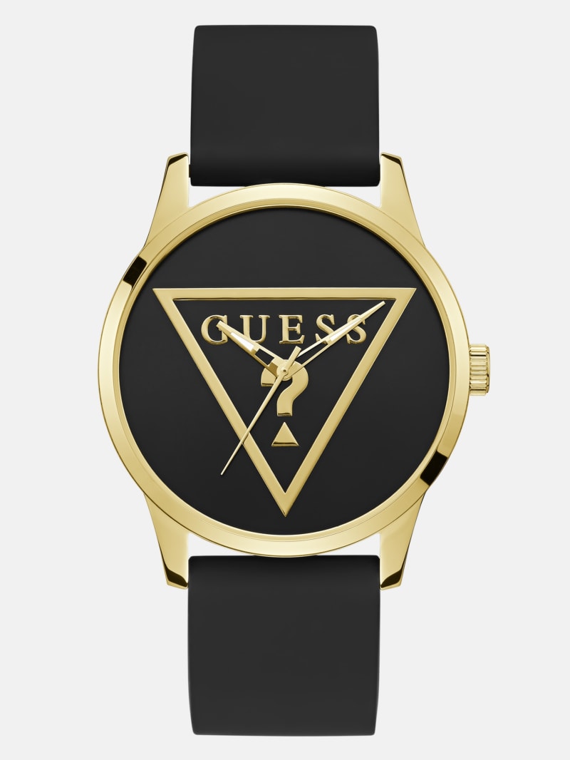 Gold-Tone Triangle and Black Silicone Analog Watch | GUESS