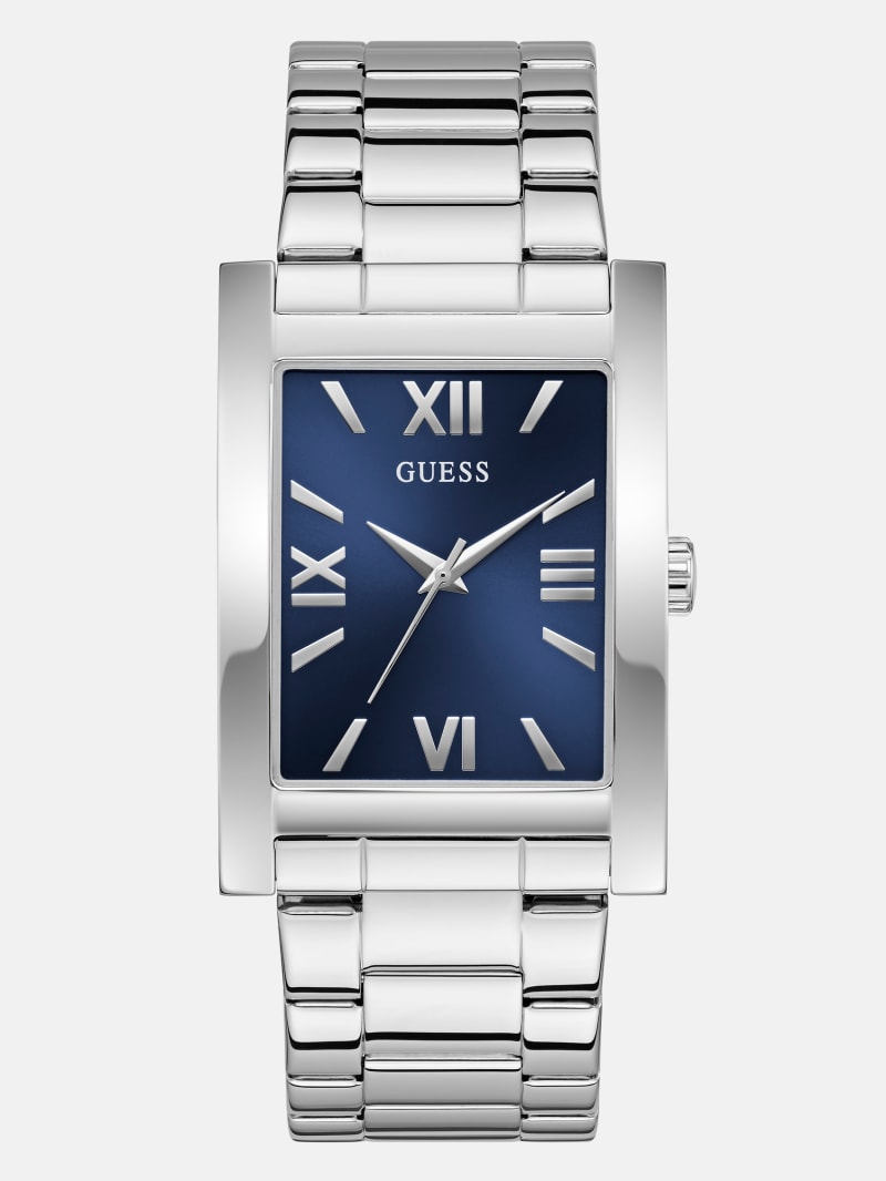 Silver-Tone and Blue Square Analog Watch