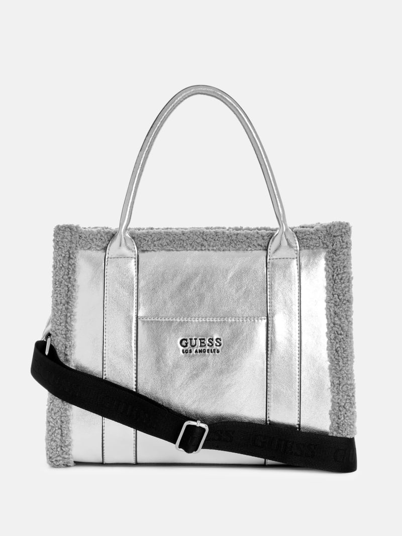 Biscoe Metallic Shearling Trim Tote GUESS Factory