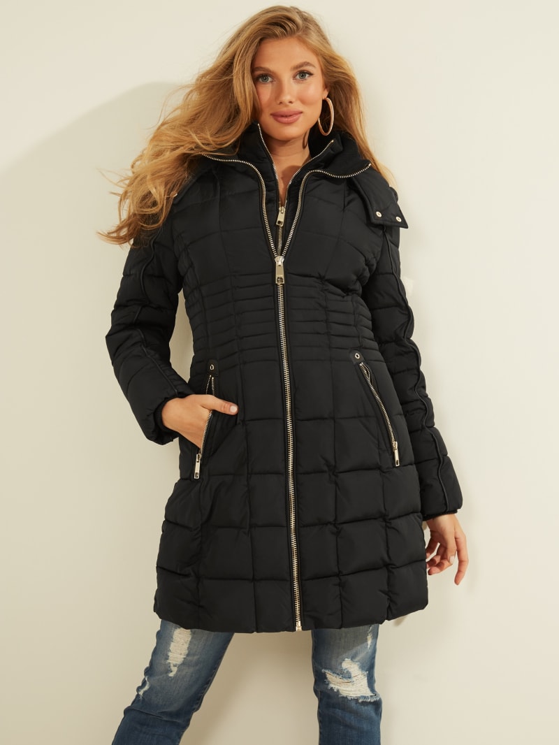 guess women's knee length heavy quilted puffer coat with hood
