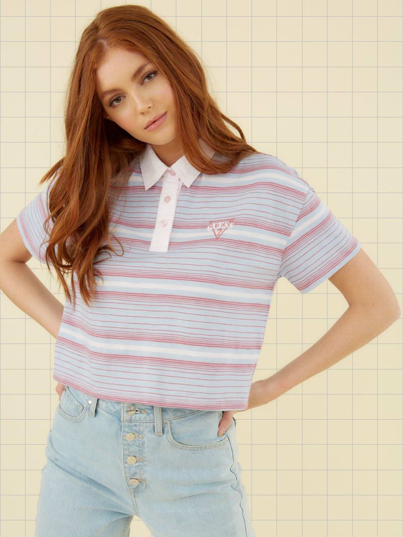 purple and red striped guess shirt