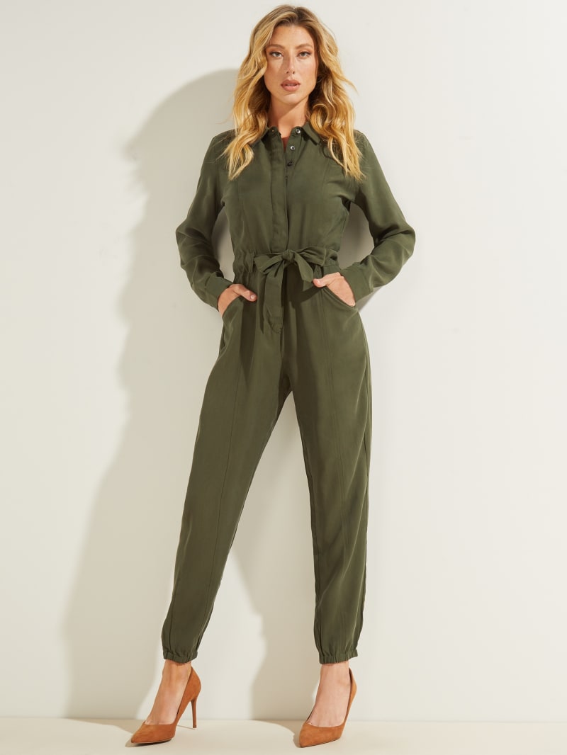 Woman in jumpsuit clearance