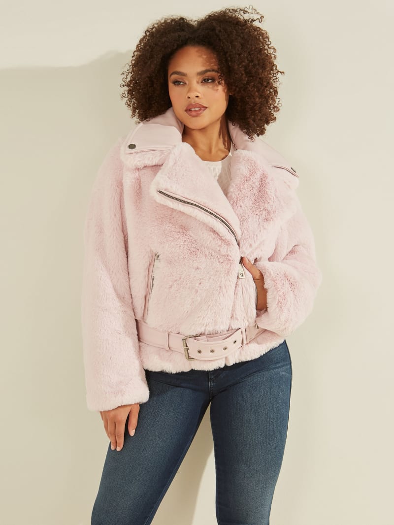 GUESS Womens Faux-Fur Pink Multi Denim Jacket
