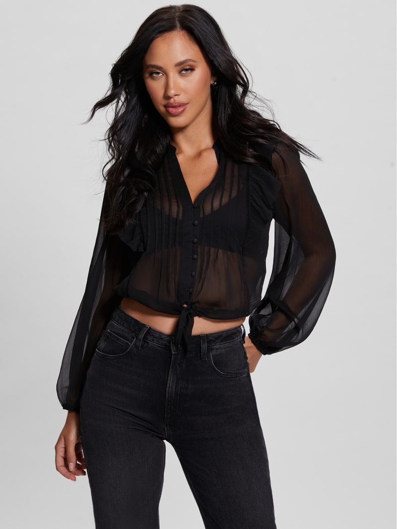 Black Sheer Chiffon Tie Waist Blouse