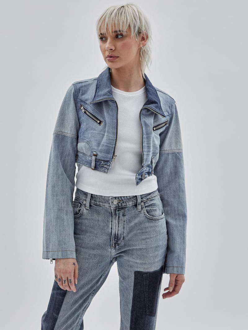 Cut-off Cropped Moto Trucker Jacket - Medium Wash