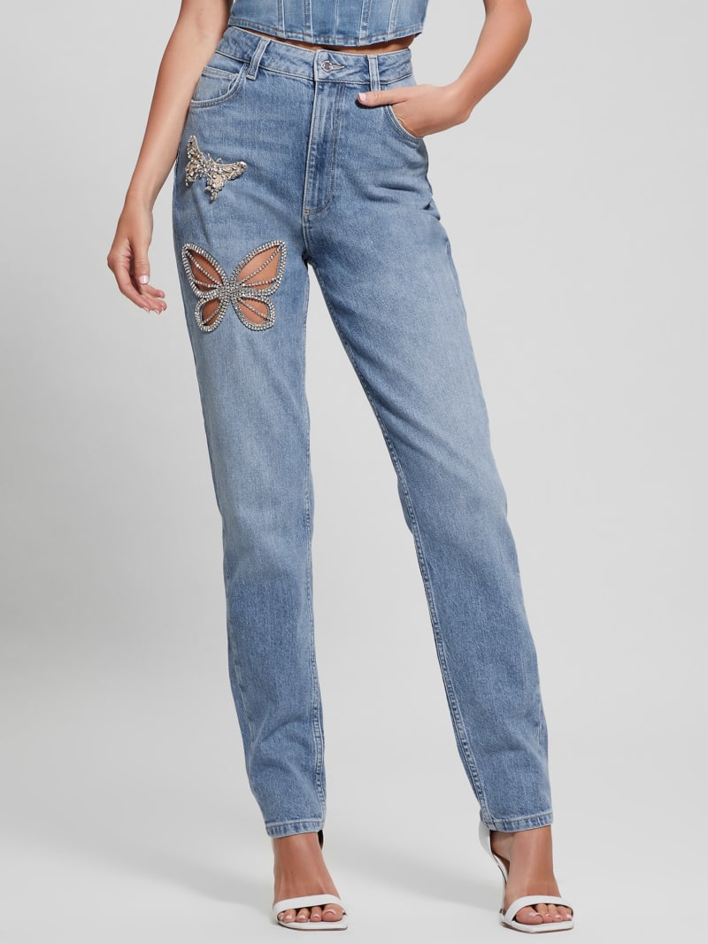 Rhinestone Butterfly High-Rise Mom Jeans