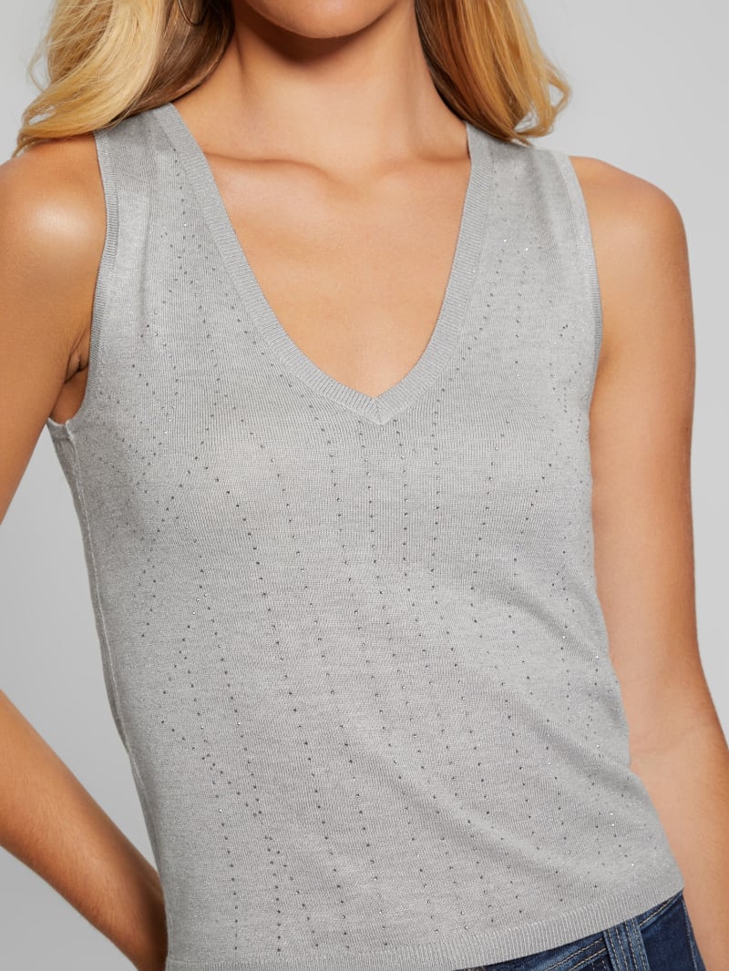 トップス rhinestone crop sweat (gray) ZXZY Women Soft Ribbed Sparkly Rhinestone Fringe Long Sleeve