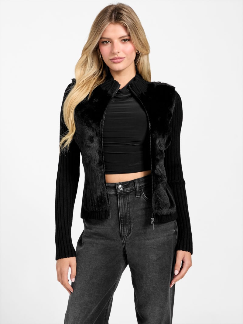 【AAKE】(WOOL) KNIT FUR ZIP-UP Eco Mila Faux-Fur Zipped Cardigan | GUESS Canada