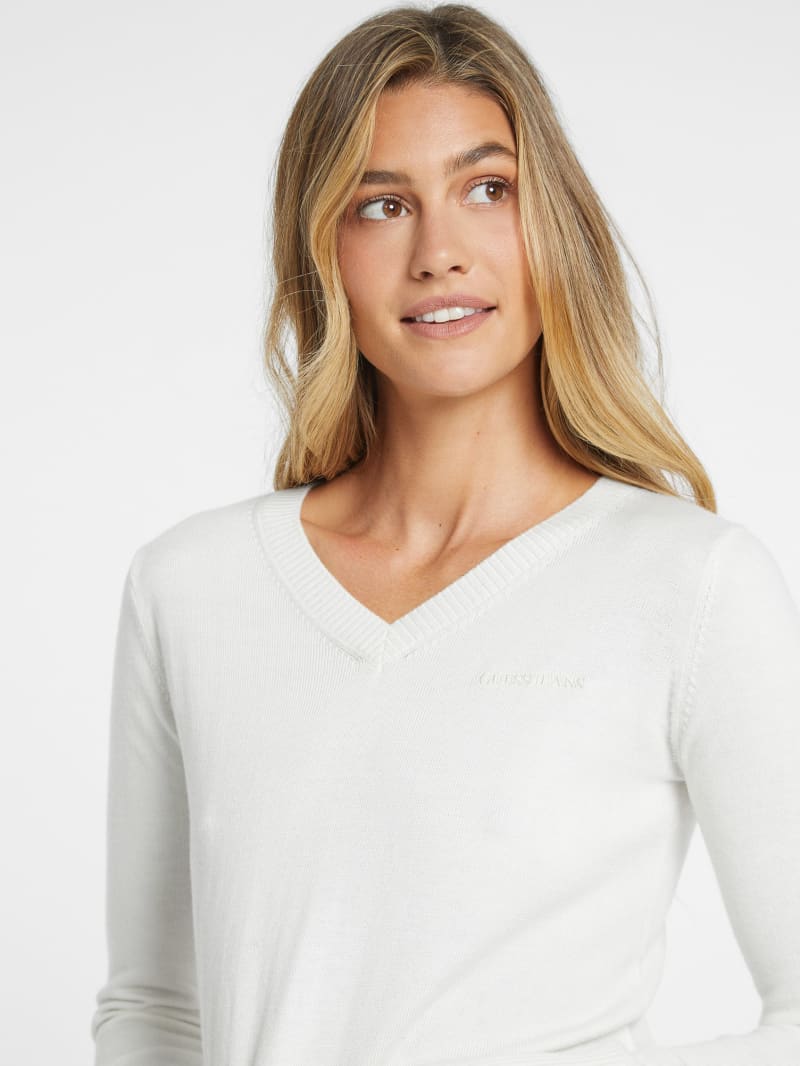Silk and Wool-Blend V-Neck Logo Sweater | GUESS Silk and Wool-Blend V-Neck Logo Sweater | GUESS