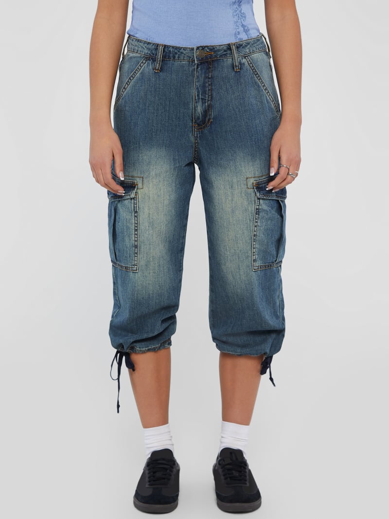 Denim cargo capris deals