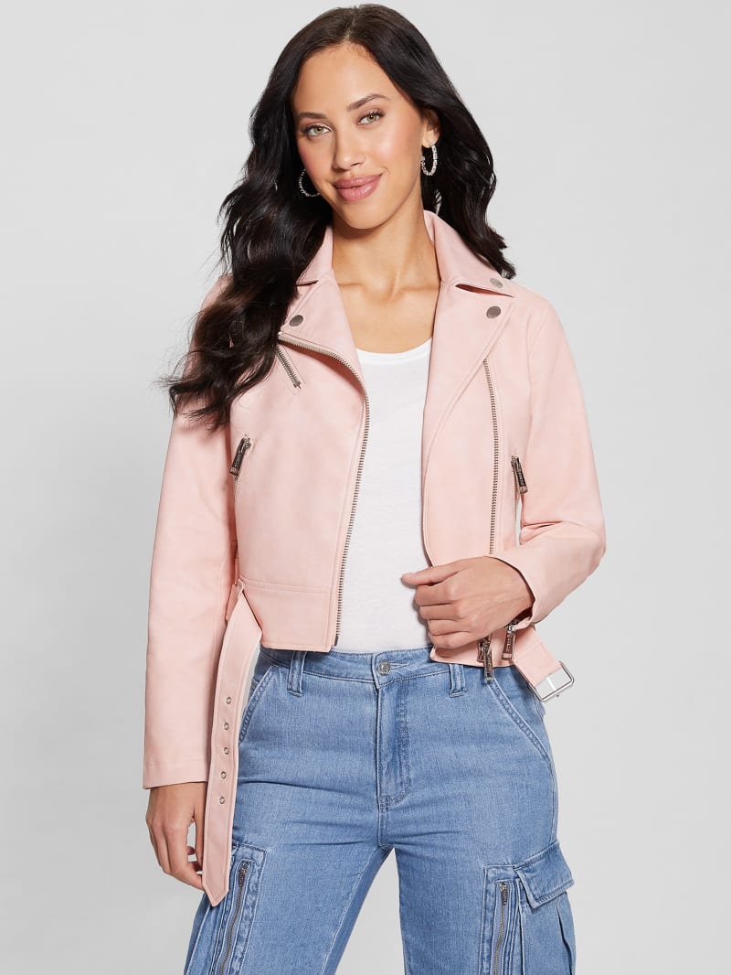 Guess pink leather jacket shop