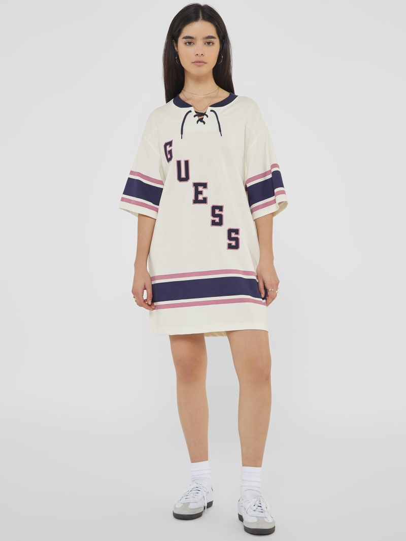 Guess Women s Go Hockey Jersey T Shirt Dress White Casual Dresses