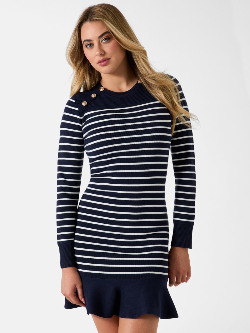 black and grey striped sweater dress Striped V-Neck Long Sleeve Sweater Dress – Charming Charlie main image 0