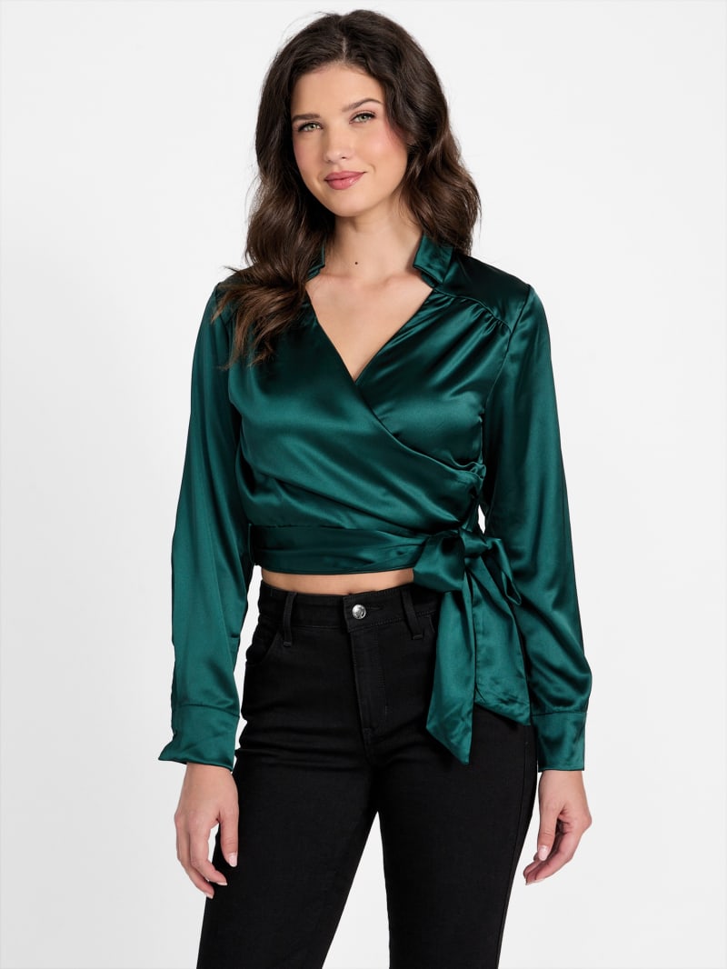 【P】MEDI SATIN DOCKING TUNIC TEE Marina Satin Tie Top | GUESS
