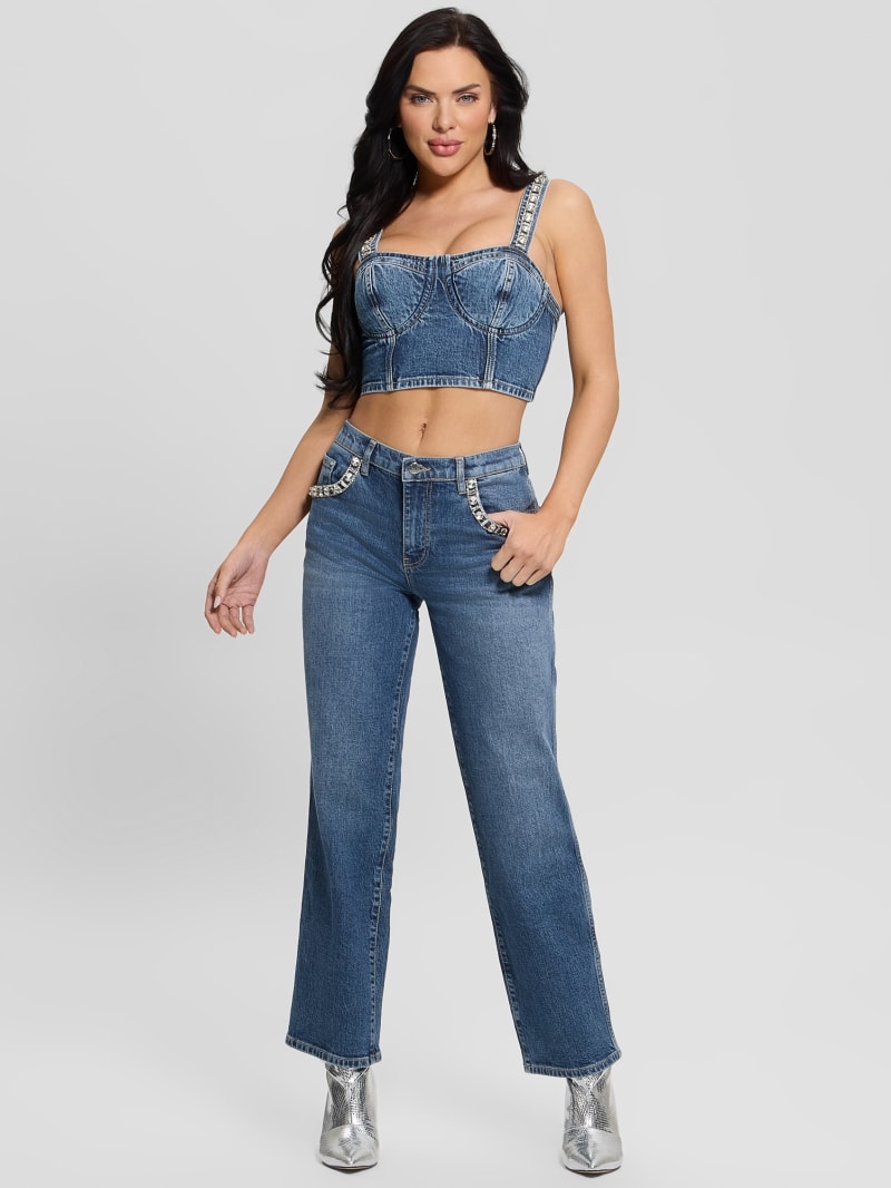 ★人気★GUESS★LADIES 'Denim Crystal Wide Pants NMAIXX Daisy Rhinestone Pocket Jeans | GUESS