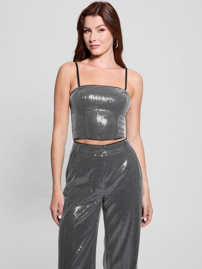 GUESS Cassia Sequined Bustier Top Grey L