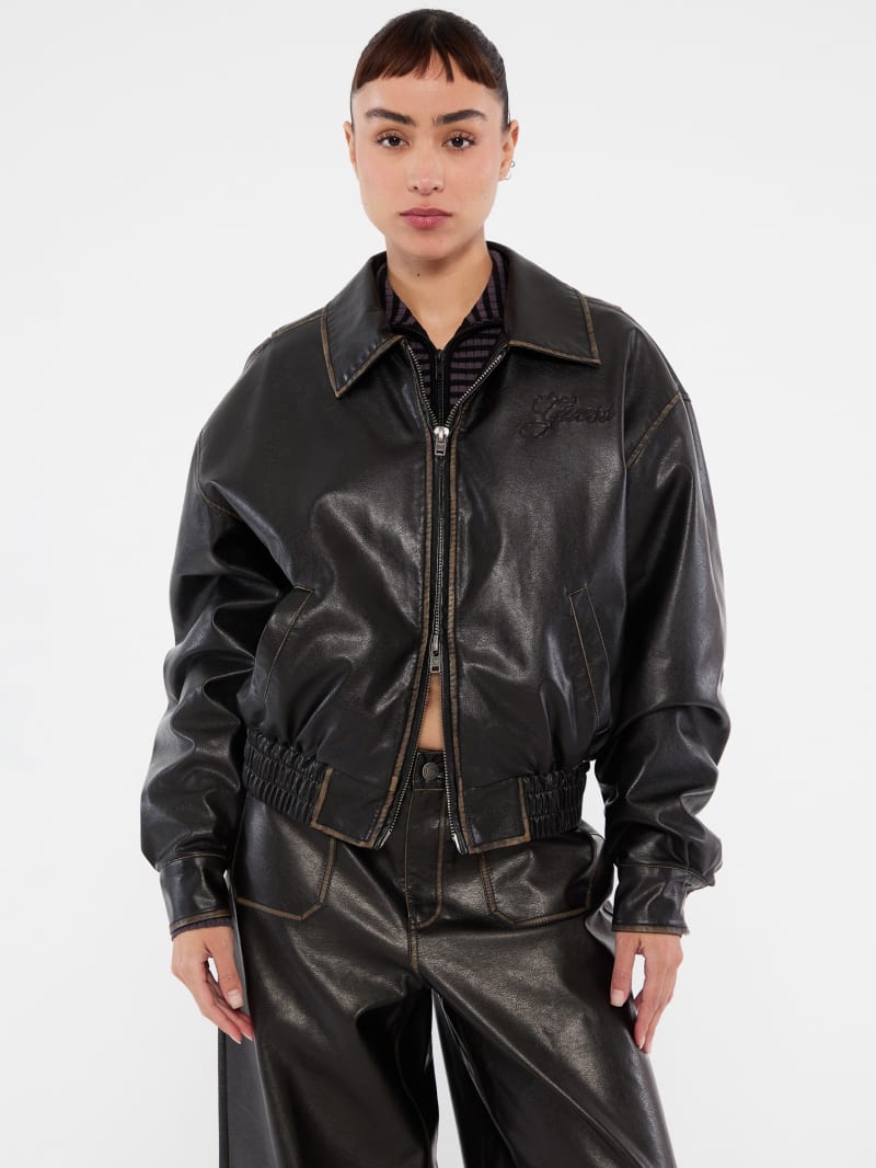 GUESS】フェイクレザー レイヤードジャケット フーディ A-2720