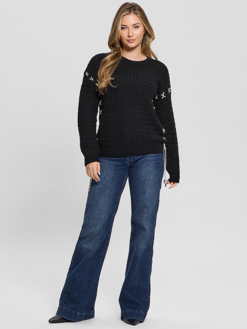 売れ筋商品|||ゲス ニット&セーター アウター レディース Women's Elliss Rhinestones-Chain Open-Stitch Crewneck Sweater Black Elliss Rhinestone Wool-Blend Chain Sweater | GUESS