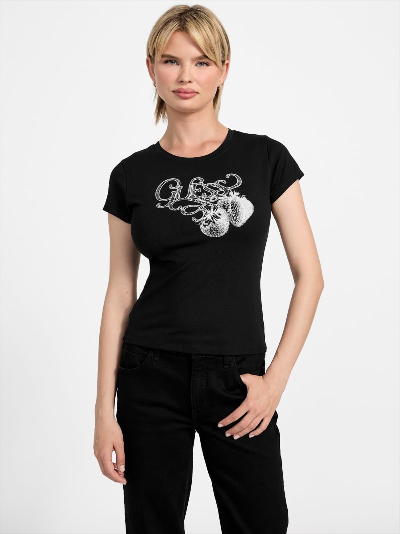 Eco Strawberry Logo Rhinestone Tee | GUESS