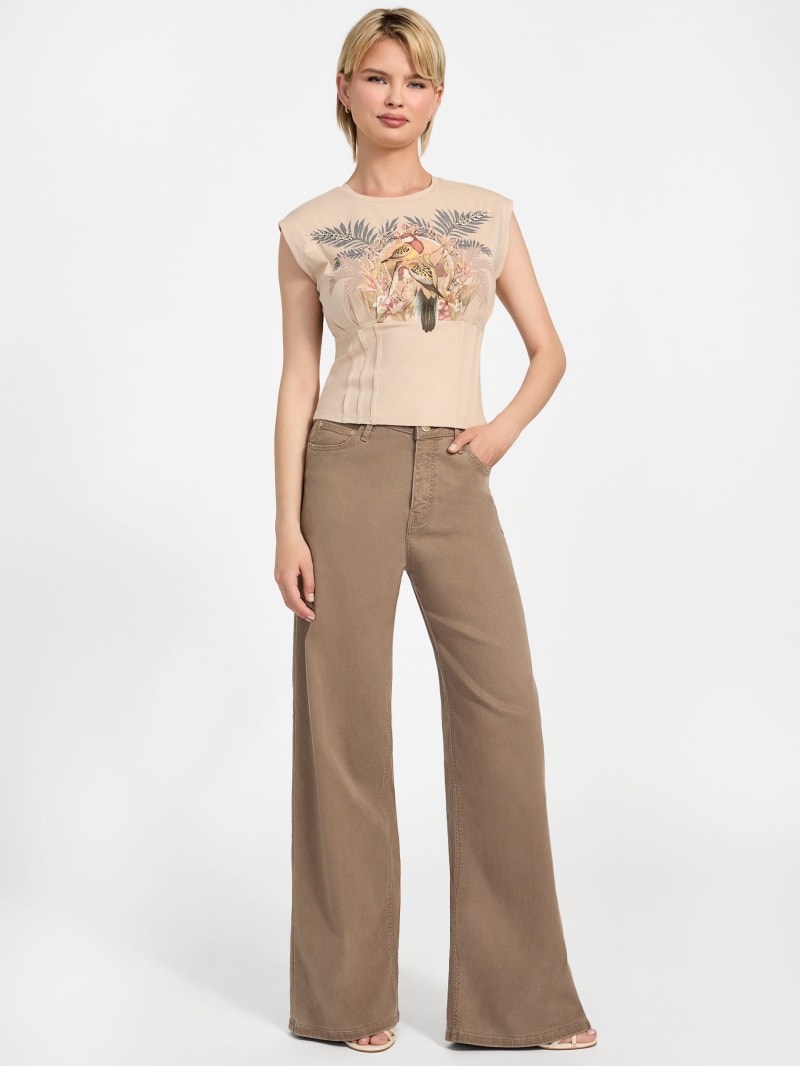 売れ筋商品|||ゲス カットソー トップス レディース Women's Parakeet Graphic Print Corset-Waist T-Shirt Neutral Ivory Eco Parakeet Corset Tee | GUESS