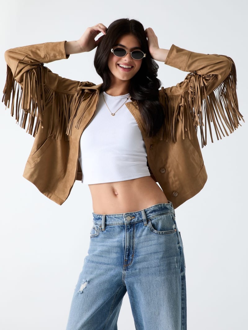 Faux-Suede Fringe Cropped Jacket