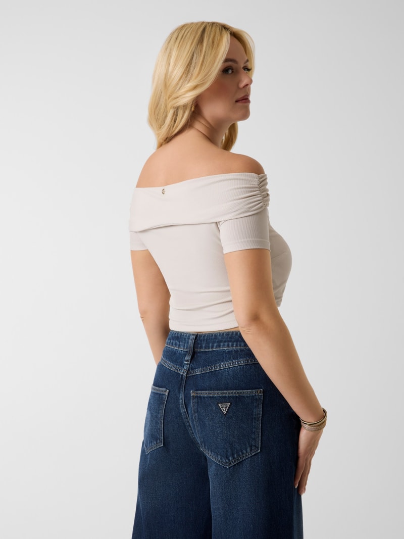 Off-shoulder draped knit top