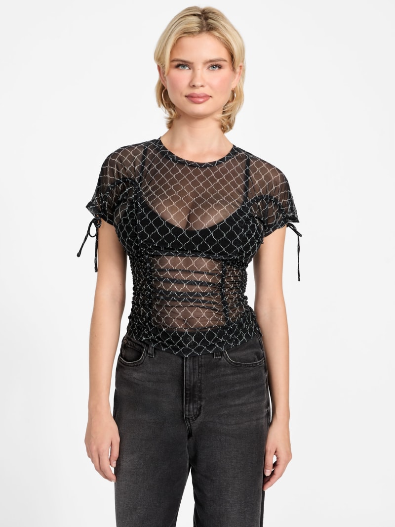 Eco Rhinestone Mesh Shirred Top