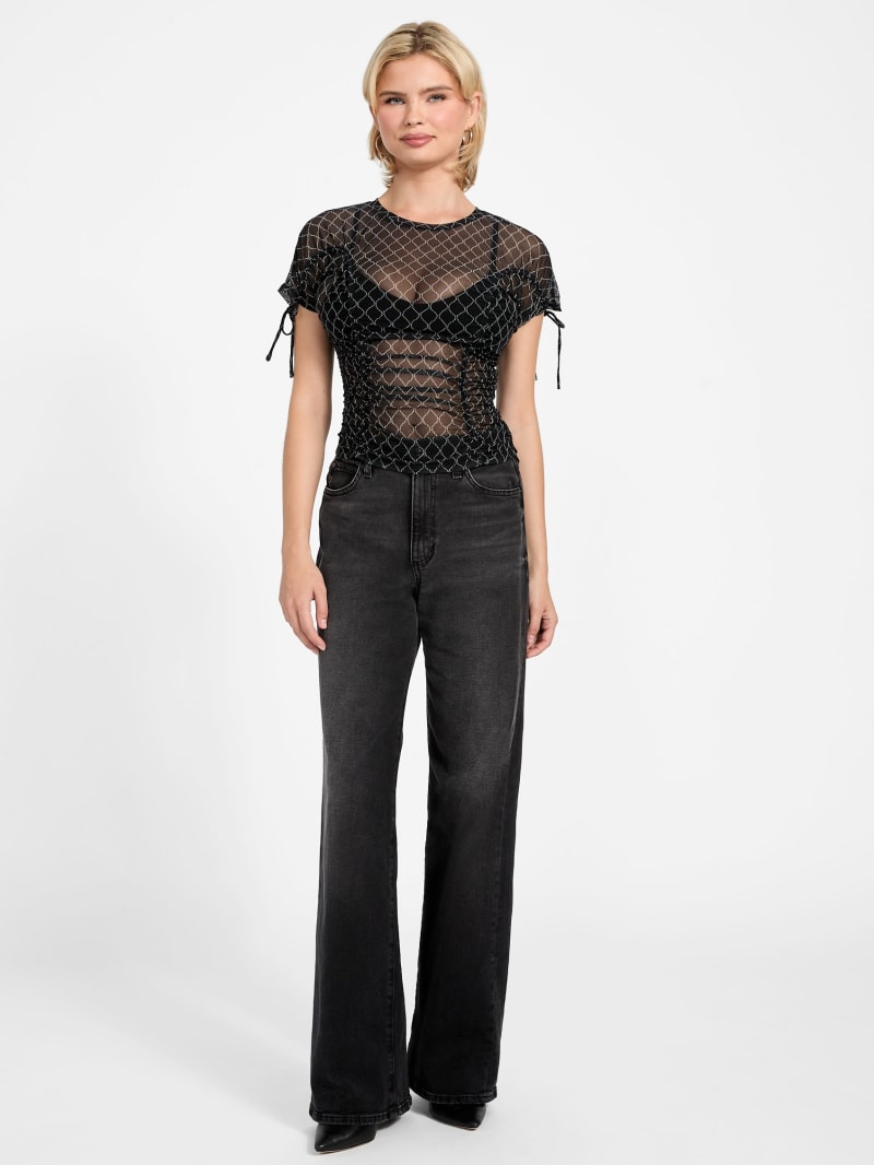Eco Rhinestone Mesh Shirred Top