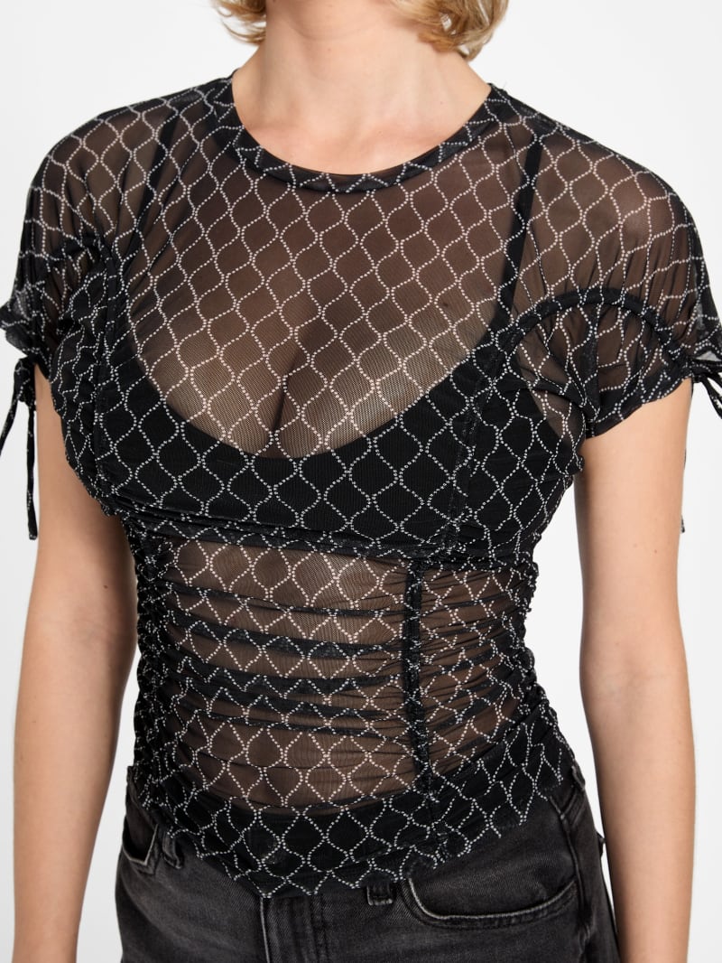 Eco Rhinestone Mesh Shirred Top