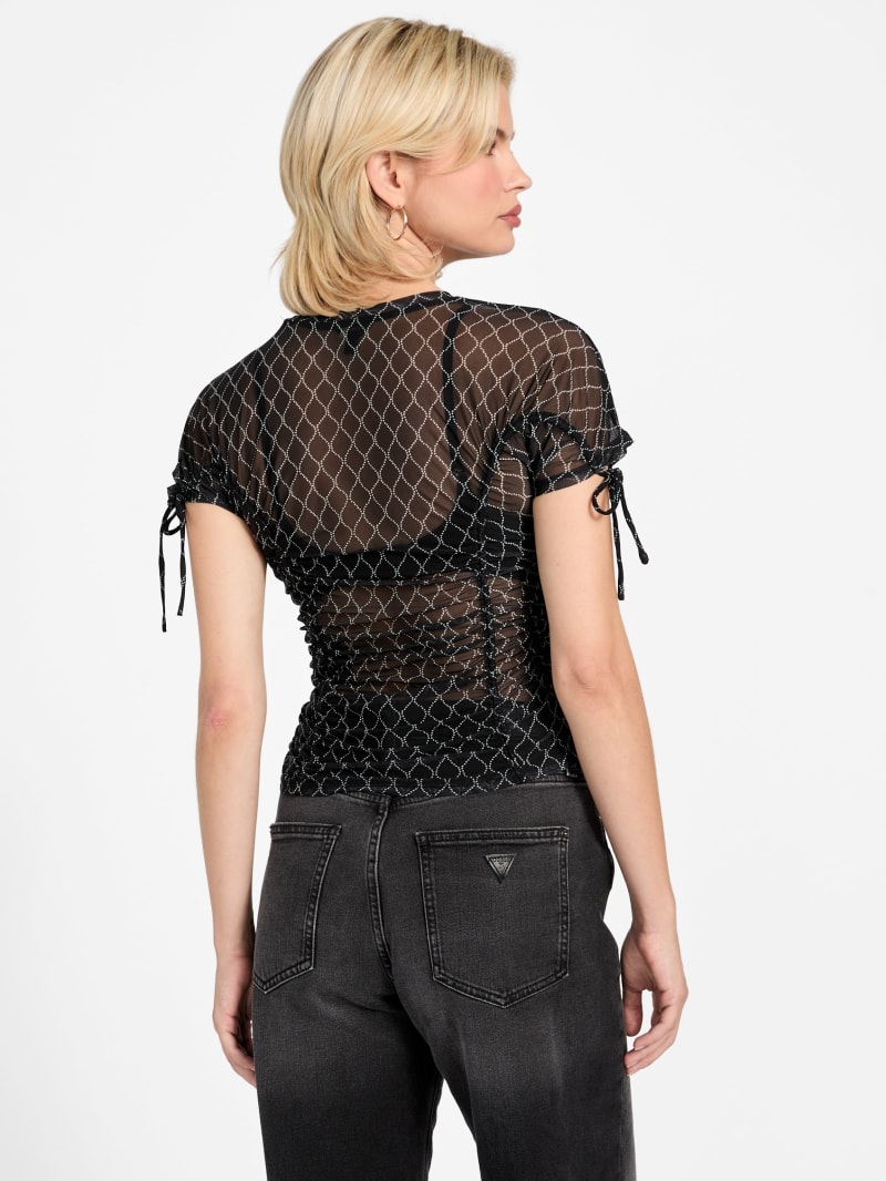 Eco Rhinestone Mesh Shirred Top