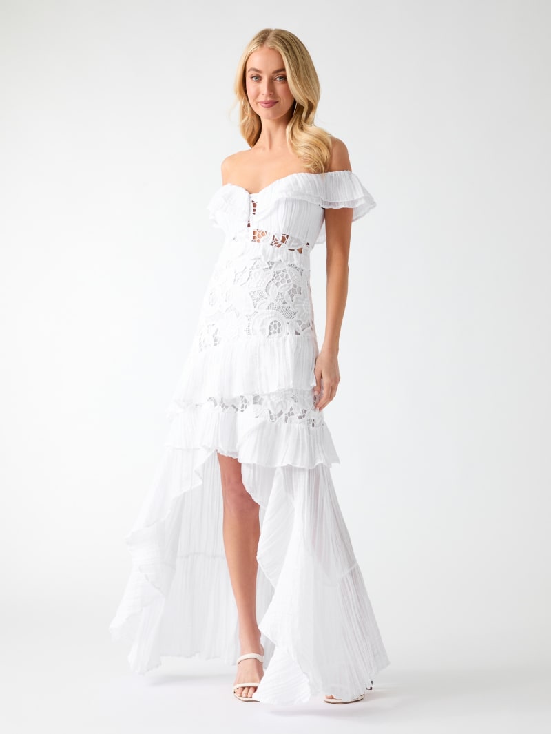 guess off the shoulder lace midi dress Guess Tiana Off The Shoulder Lace Trim Dress In Jet Black